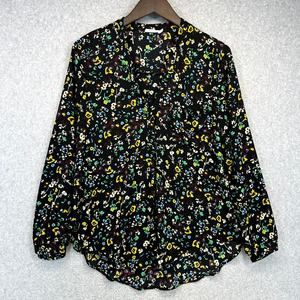 Lush Top Womens Size Small Black Multi Floral Print V-Neck Long Sleeve